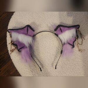 Purple Black White Bat Furry Cat Ear Headband With Gold Earrings